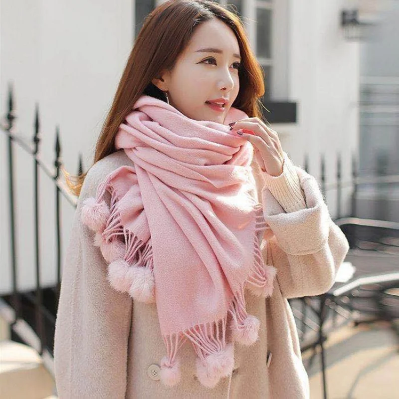 Winter Warm Cashmere Pom Scarf Solid Women Scarf With Rabbit Fur Ball Pashmina Thick Scarves Shawls Wrap Lady Oversize Blanket