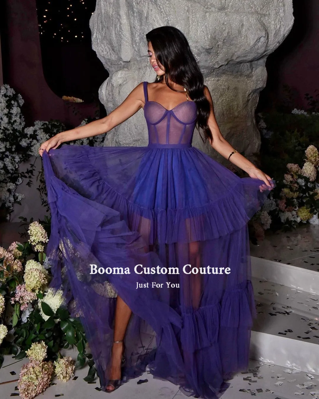 Booma – robe de bal en Tulle violet, à plusieurs niveaux, effet d'illusion, bretelles Spaghetti, jupe à volants, ligne a, robes de soirée formelles, 2021