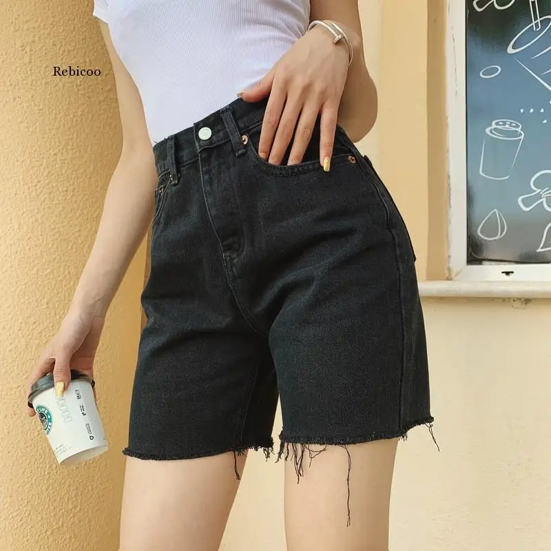 High Waist Slim Denim Shorts Rebicoo  Woman New Fashion Tassel Tight Five-point Denim Shorts Washed Sexy Female summer