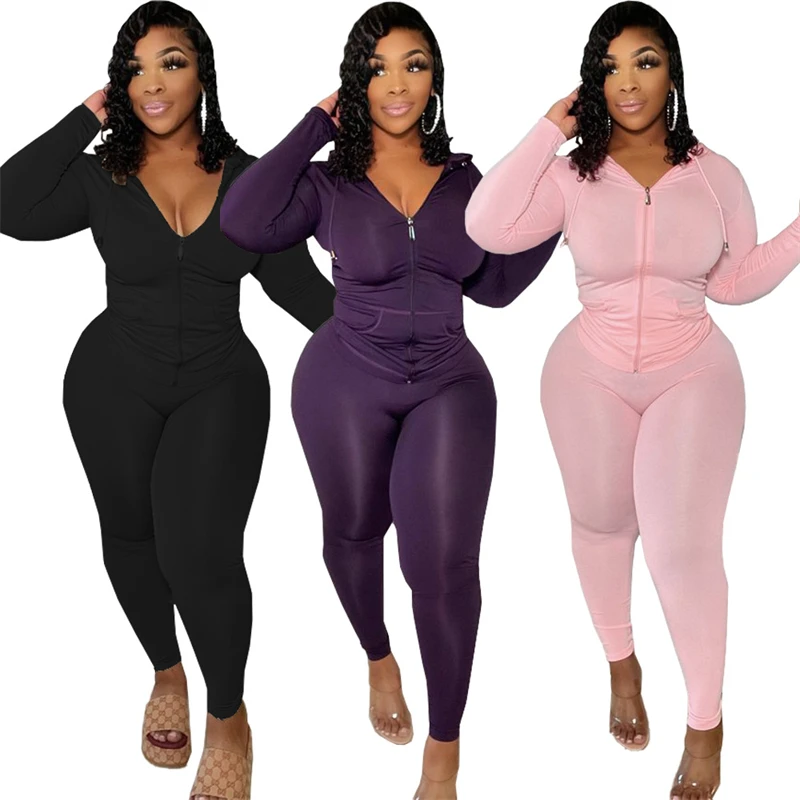 Plus Size Women Clothing Skinny Loungewear Long Sleeve Hoodies Tracksuit Pants Two Piece Sport Set Dropshipping Wholesale