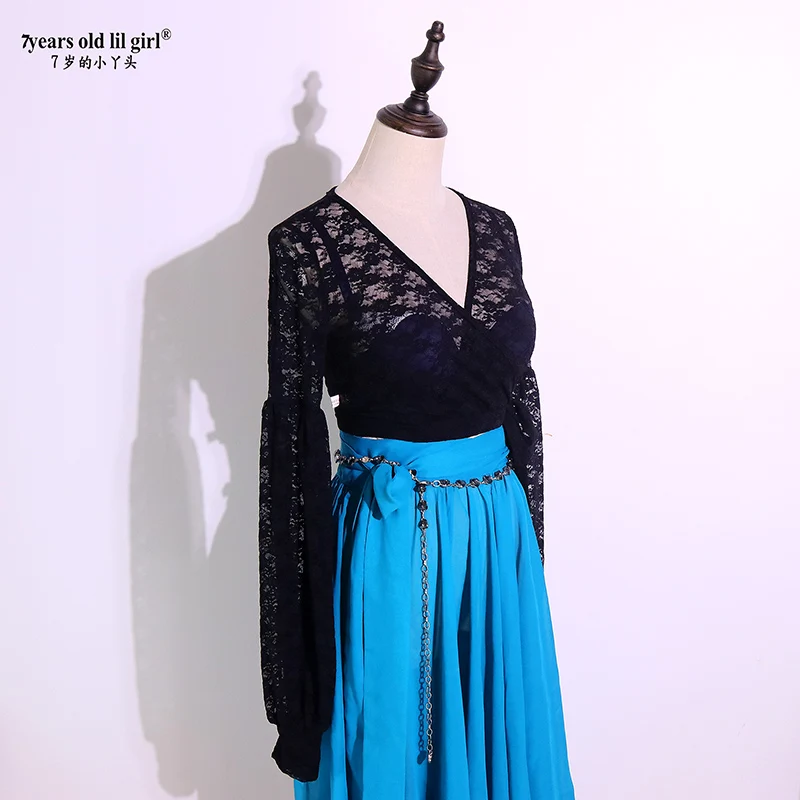 Belly Dance Top 2021 Spring/Summer New Training Suit Korean Lace V-neck Lantern Sleeve GUU10