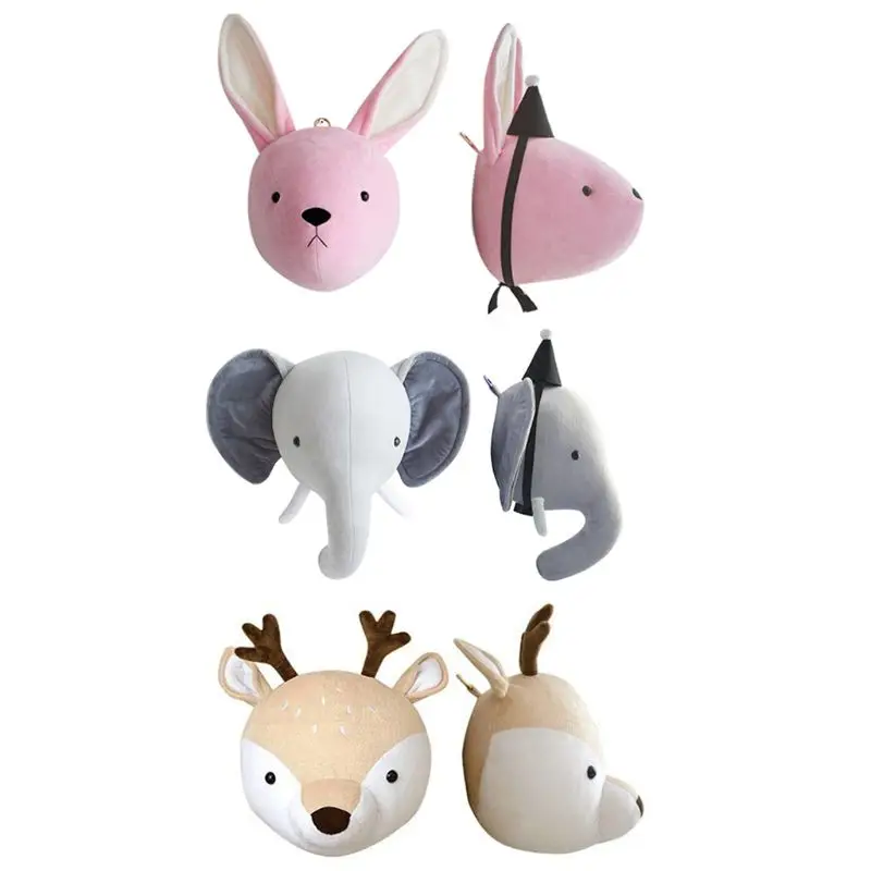 Boneco de pelúcia de elefante, boneco de pelúcia fofo de coelho para parede, cabeça de animal para quarto infantil, brinquedo decorativo de jardim de infância