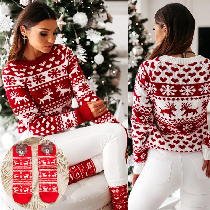 SKMY Women Christmas Sweater Elk Snowflake Pattern Knitted Sweater Autumn Winter Knitwears Long Sleeve Xmas Pullovers Tops