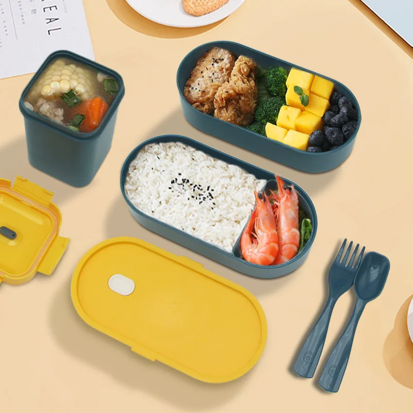 New Double Layer Healthy Material Lunch Box With Fork and Spoon Microwave Bento Boxes Dinnerware Set Food Storage Container