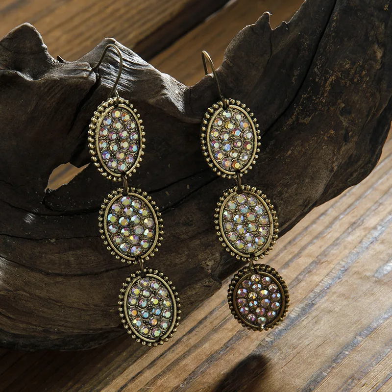 New Arrival European and American Creative Colorful Gypsophila Long Oval Earrings Vintage Bronze and Diamond Jewelry