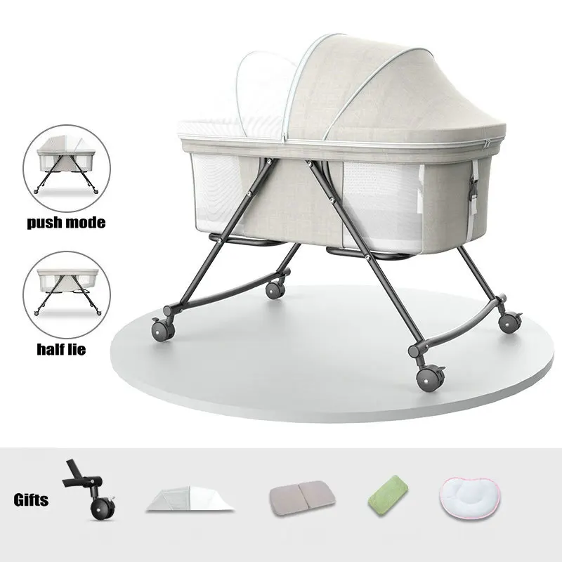 Portable Travel Bed with Mosquito Net, 4 Wheeled Baby Bassinet Newborn Infant Crib, Convert to Rocking Cradle