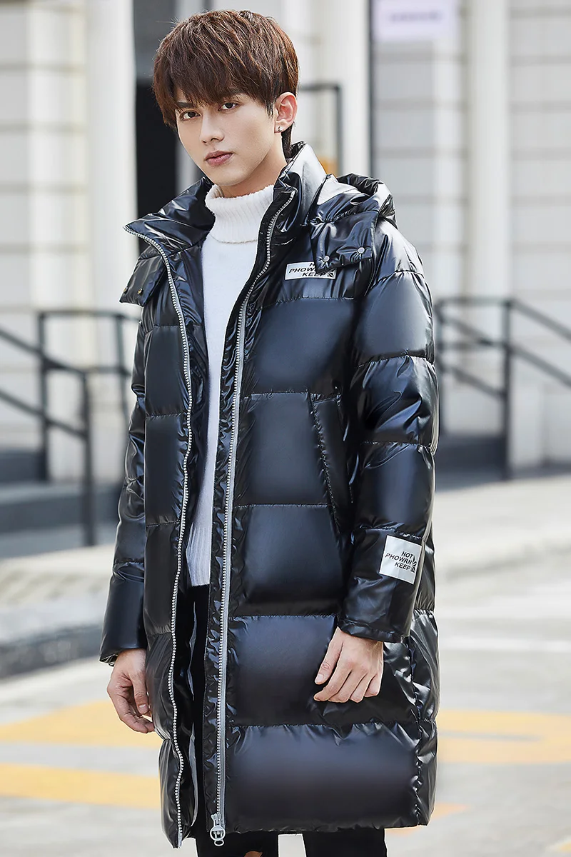Winter 2021 new plush long sleeve warm fashion casual glossy down jacket silver black brand men's hood warm coat for sking snow