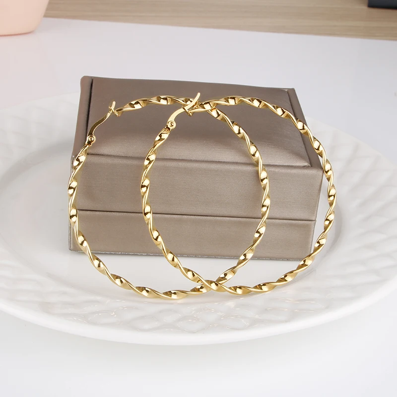 Hgfly Gold Color Stainless Steel Large  Hoop Earring for Women Thread Wholesale Ear Accessories  Fashion  Jewelry Hot E0153