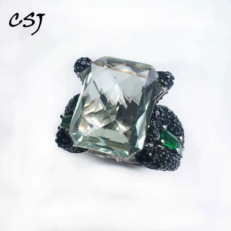 CSJ Natural Green Amethyst Ring Sterling 925 Silver Birdnest Cut Gemstone Supper Fine Jewelry For Women And Man Party Gift Box