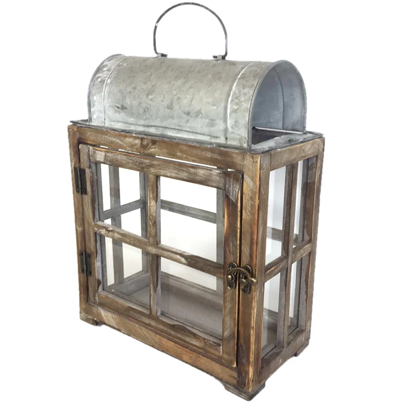 Handcrafted Vintage Lantern, Decorative Candle Holder, Hurricane Glass, Wood Framed Zinc Top