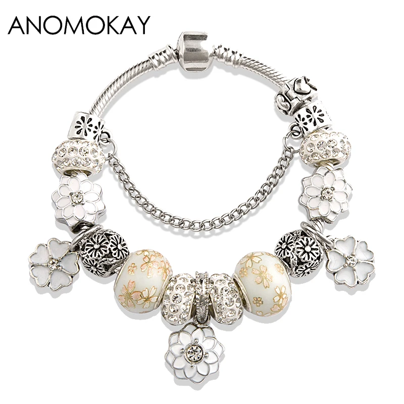 European Trendy White Leaf Flower Plant Charm Bracelet White Crystal Diy Bead Bracelets & Bangles Jewelry for Women Gift