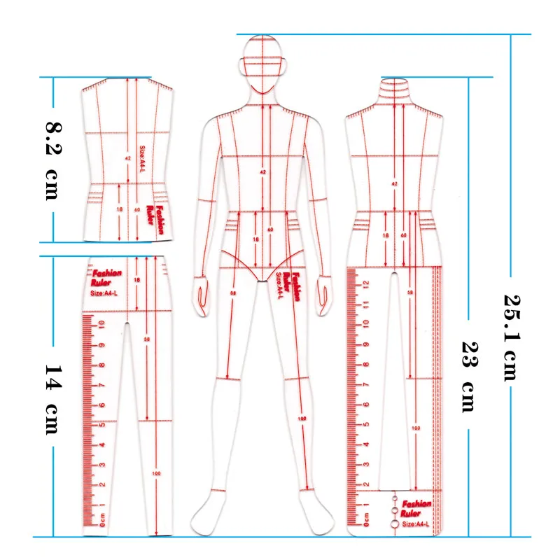 6pcs Men's Women's Suits Clothing Design Scale Ruler Mannequin Hand Painted Model Effect Style Figure Template Ruler