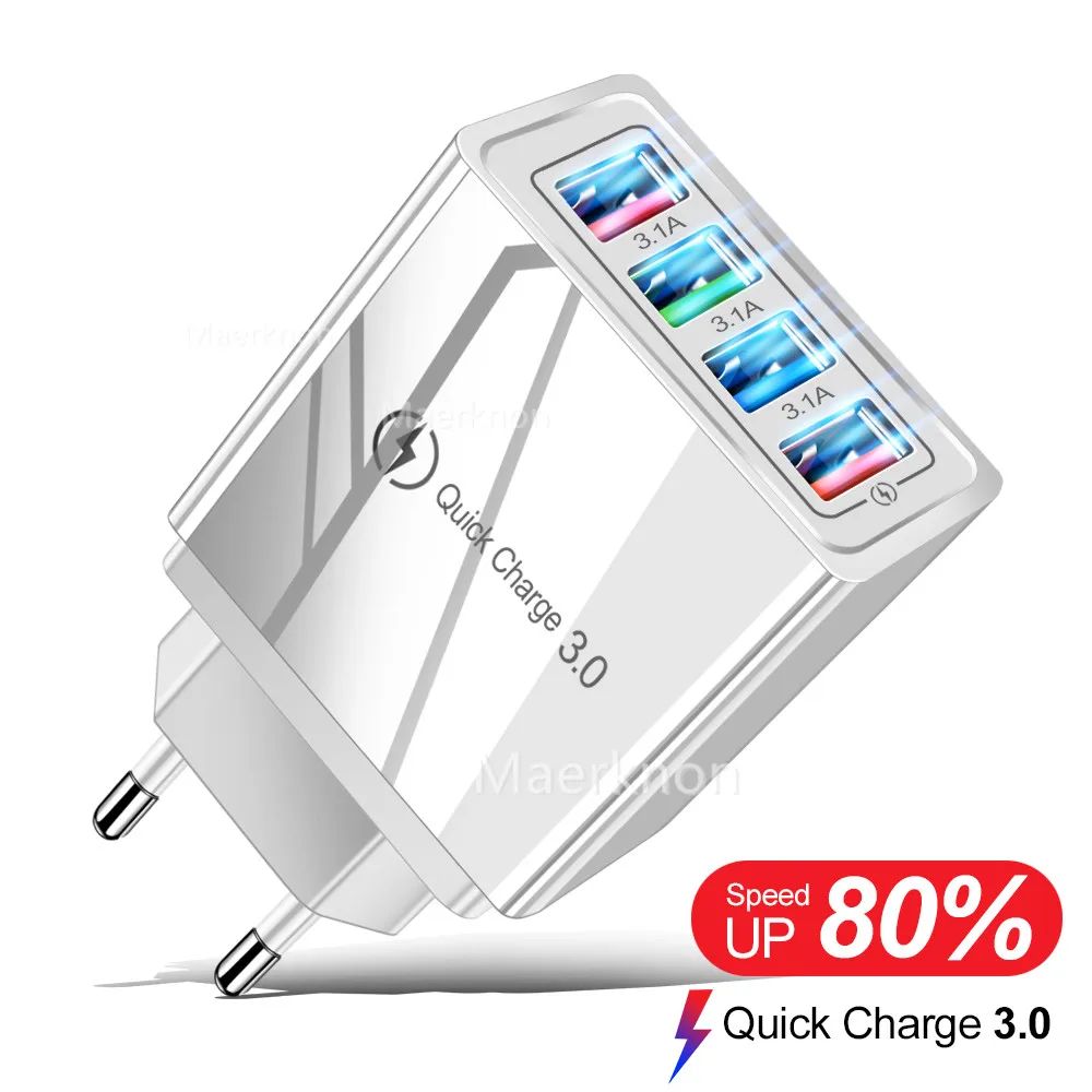 USB Charger Quick Charge 3.0 4 ports Phone Adapter For Huawei iPhone 12 xiaomi Tablet Portable Wall Mobile Charger Fast Charger