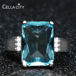 Cellacity Geometry Aquamarine Ring for Women Silver  Jewelry for Party Huge Rectangle Gemstones Female Gifts Party Size6-10