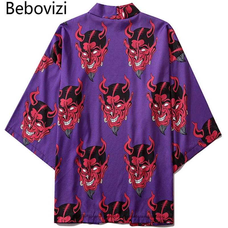 Bebovizi-cárdigan tradicional japonés para hombre, Kimono Harajuku, ropa de calle, disfraz con estampado de Diablo, bata Yukata de demonio Haori,