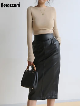 Nerazzurri Spring Midi Pu Leather Skirt Women Brown White Black Long High Waisted Pencil Skirts for Women 2023 Side Slit Zipper 3 Nerazzurri Spring Midi Pu Leather Skirt Women Brown White Black Long High Waisted Pencil Skirts for Women 2023 Side Slit Zipper 3