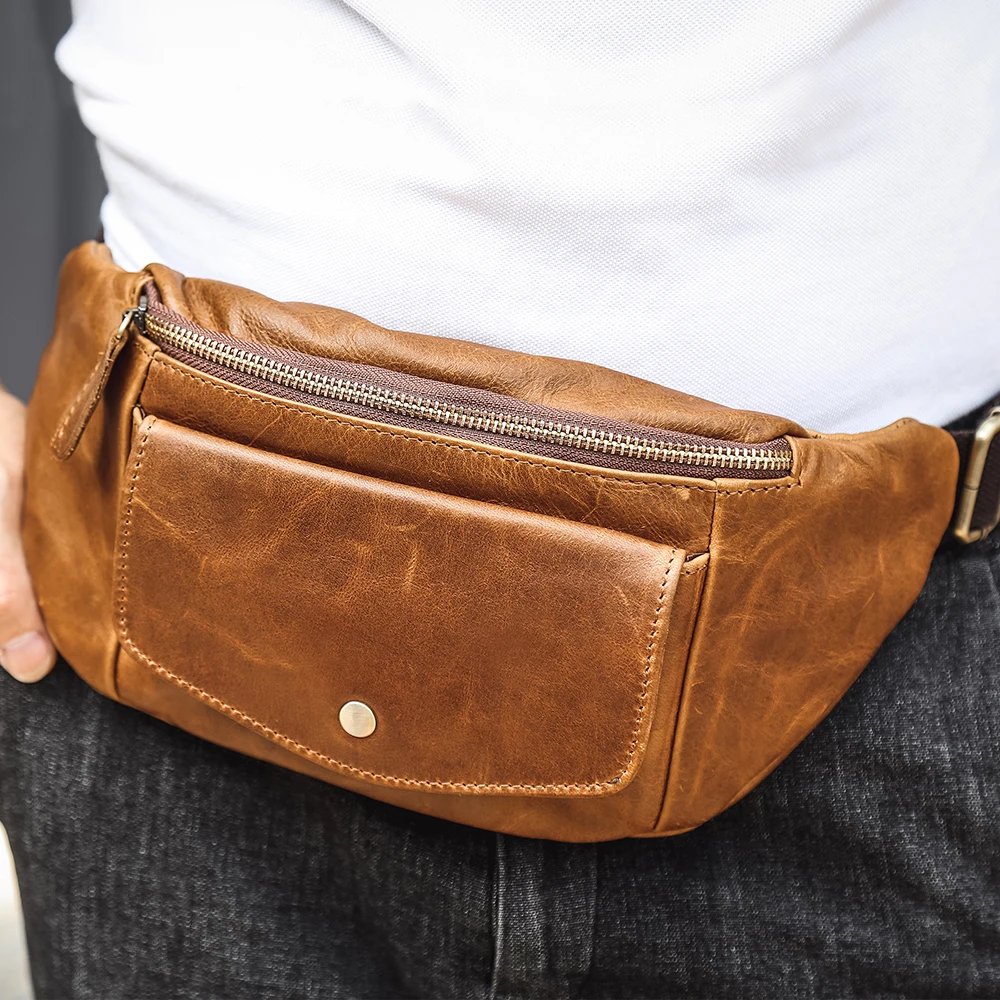 JOYIR Crazy Horse Leather Men Waist Bag Casual Fanny Pack Male Waist Pack for Cell Phone Belt Pouch Hip Bum Bag Travel Chest Bag