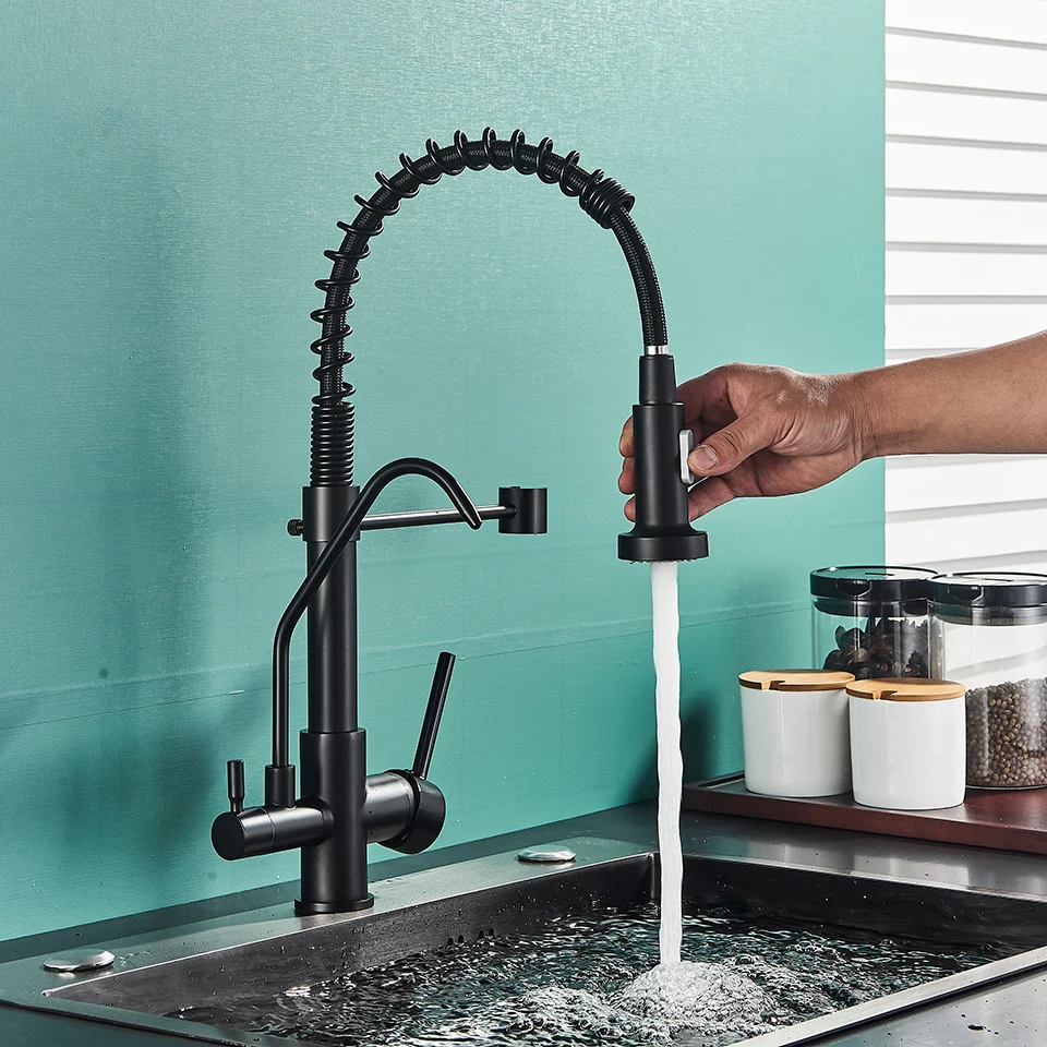 Black Waterfilter Taps Kitchen Faucets Dual Handle Deck Mounted Mixer Tap 360 Degree Rotation Water Purification Feature Crane