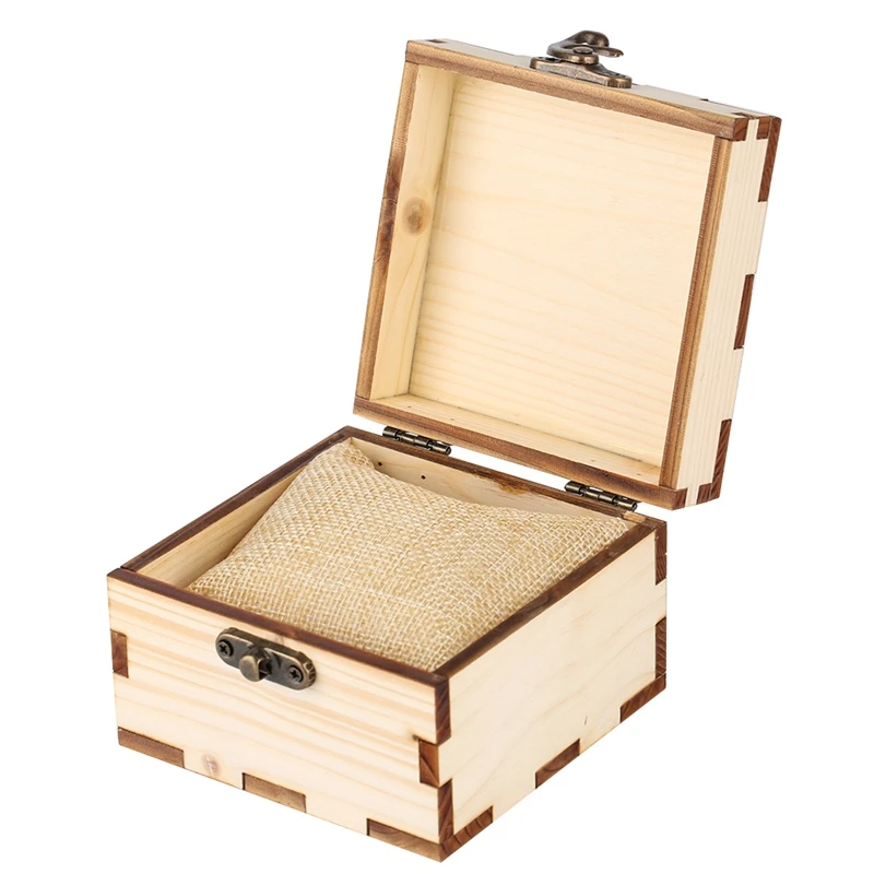 Full Wood Square Box Storage Watch Box for Wristwatch Holder Retro Ancient Horn Lock Box Natural Wooden Watch + Foam Pad Pillow