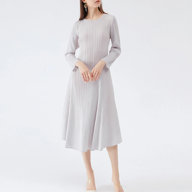 

miyake pleated French niche a-line woman dress 2021 autumn new Japan style solid casual slimming long skirt for women