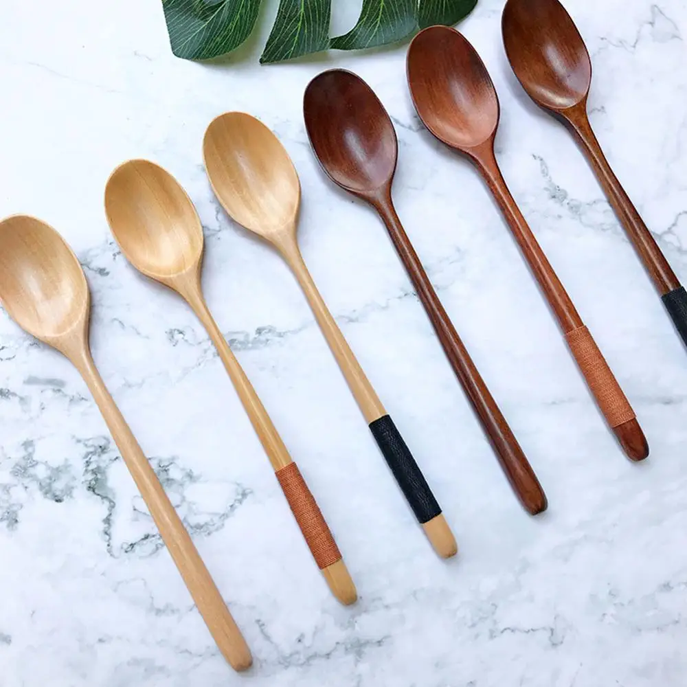 Wooden Long Handled Smooth Spoons Large Spoon Kids Spoon Wood Seasoning Soup Dessert Spoon Coffee Tea Mixing Kitchen Tableware