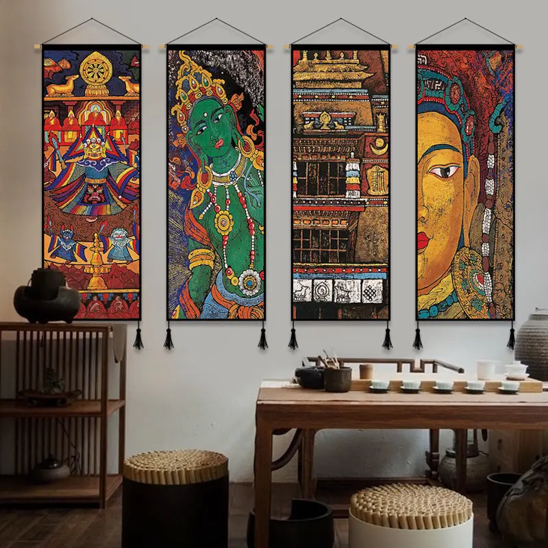 Traditional Tibetan Culture Wall Art Buddha Painting Canvas Poster Room Decor Aesthetic Hanging Scroll Paintings Wall Tapestry