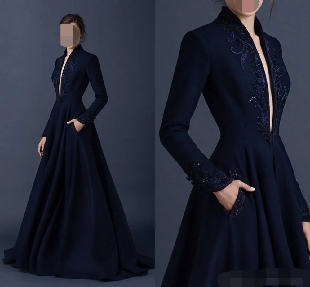 Abiti da sera in raso blu Navy ricamo abito da sera formale con scollo a V in rilievo robe de soiree su misura