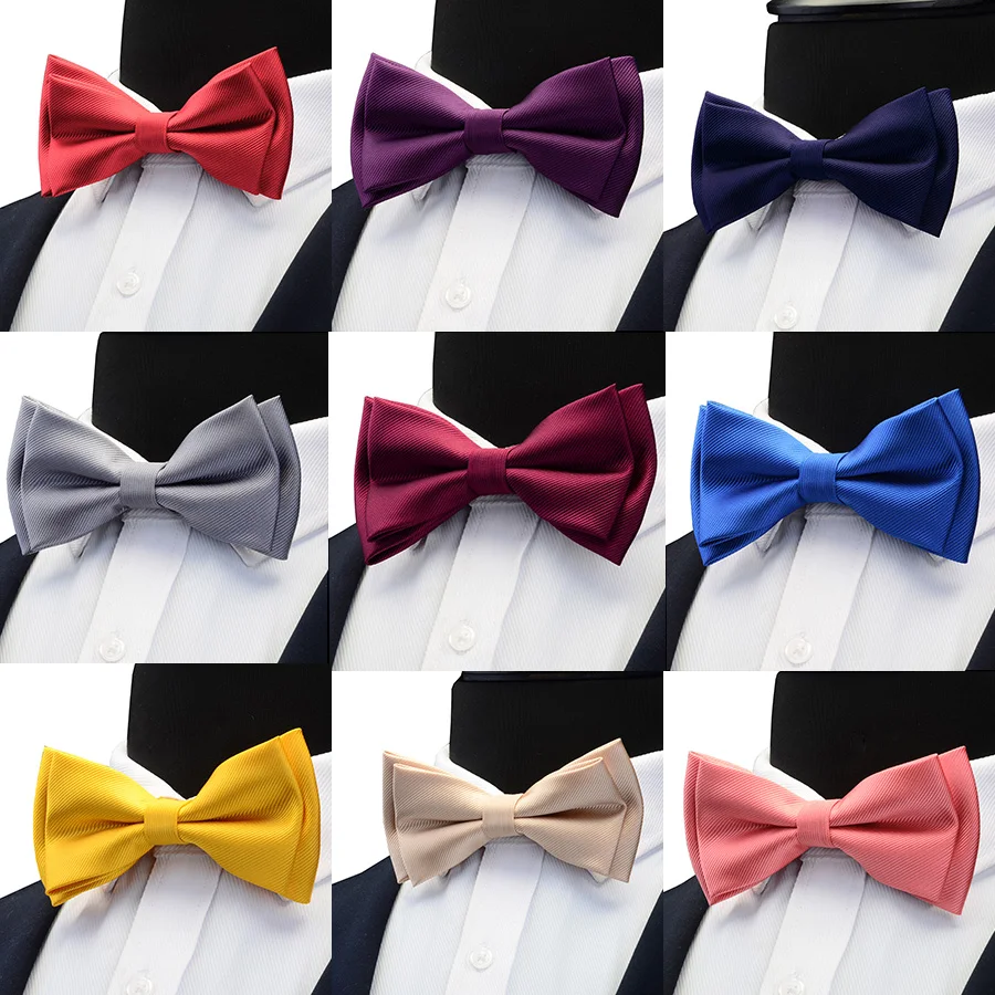 GUSLESON Mens Solid Color Two Layer Pre-tied Bow Tie Red Black Purple Gold Blue Yellow Green Bowtie for Wedding Party Business