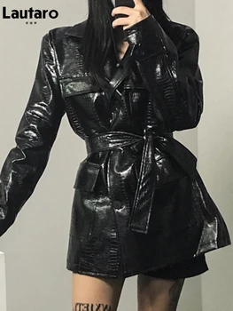 Lautaro wiosna jesień błyszczące czarne białe tekstura skóry krokodyla skórzana kurtka Cargo kobiety wiele kieszenie z długim rękawem pas luźna moda