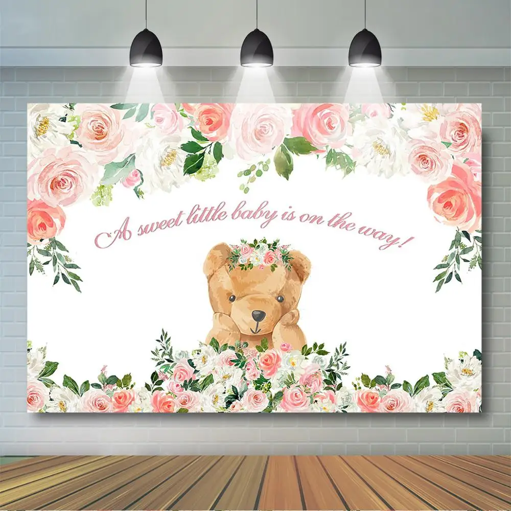 

Pink Floral Cute Bear Baby Shower Backdrop Gender Neutral Baby Shower Party Decor Little Girl is on the Way Watercolor Backdrop