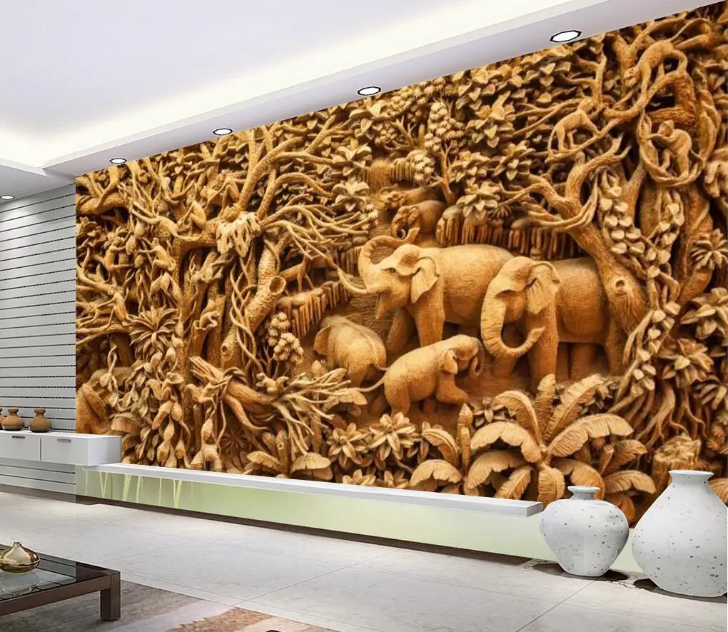 beibehang Custom wallpaper 3d mural relief wood carving elephant forest TV background wall paper 3d wallpaper