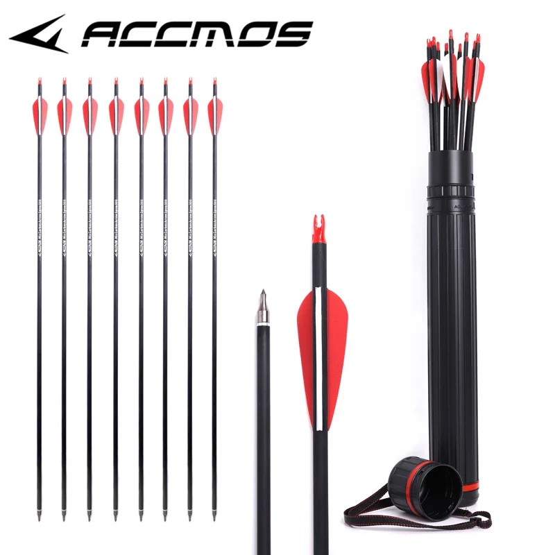 12 Pcs Spine 500 OD 7.8mm Mix Carbon Arrow With 1pc Arrow Quiver For 40-60 lbs Compound/Recurve Bow Hunting