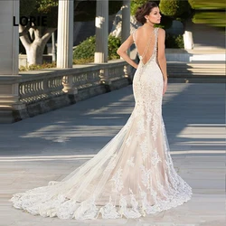 LORIE Champagne Mermaid Wedding Dresses Lace Appliqued Beading Beach Bridal Gowns Sleeveless Dresses with Sweep Train Customized