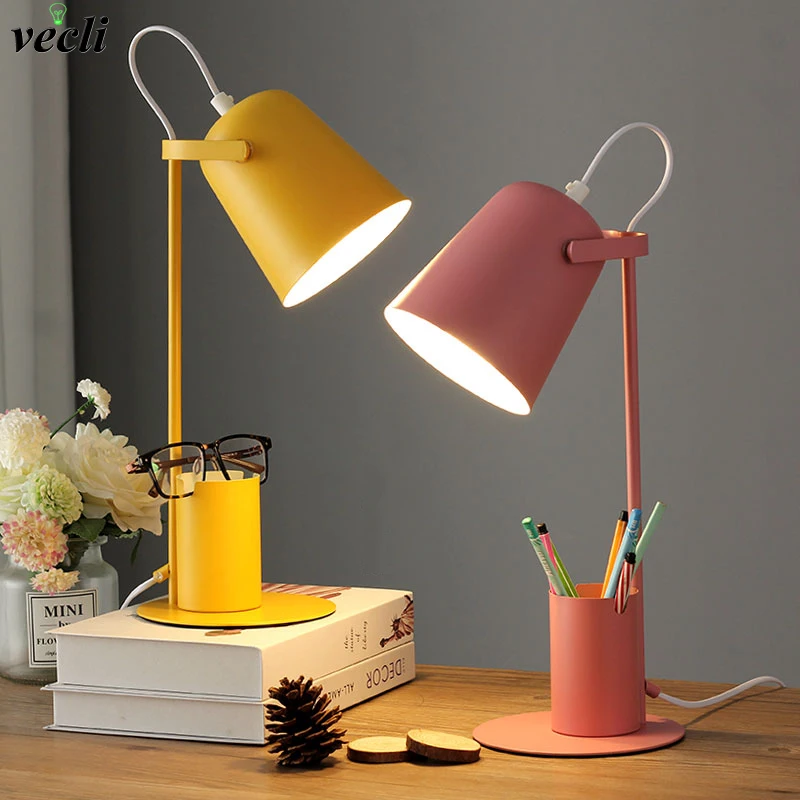 

Creative Nordic Iron Art Table Lamp LED Fashion Reading Dimming Desk Lamp with Pen Holder Eye-Protect Desk Lamps US EU Plug