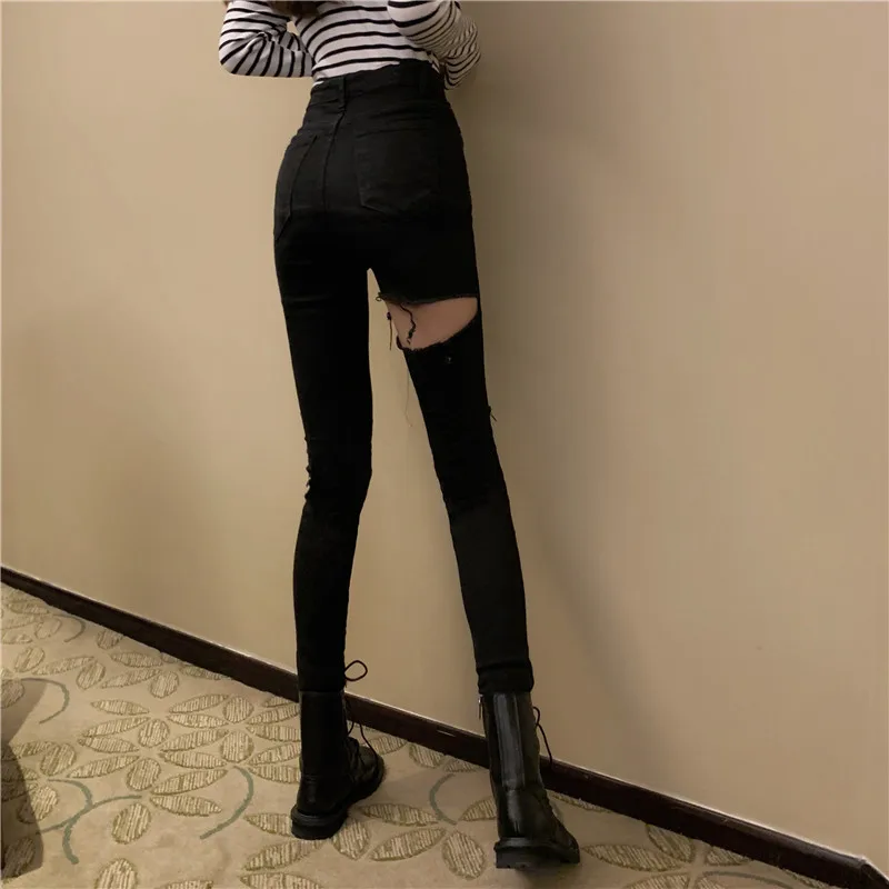 2022 Sexy High Waist Ripped Holes Denim Pants Female Trousers Pencil Jeans Women plus szie 5xl Skinny Pants Black Jeans KZ245