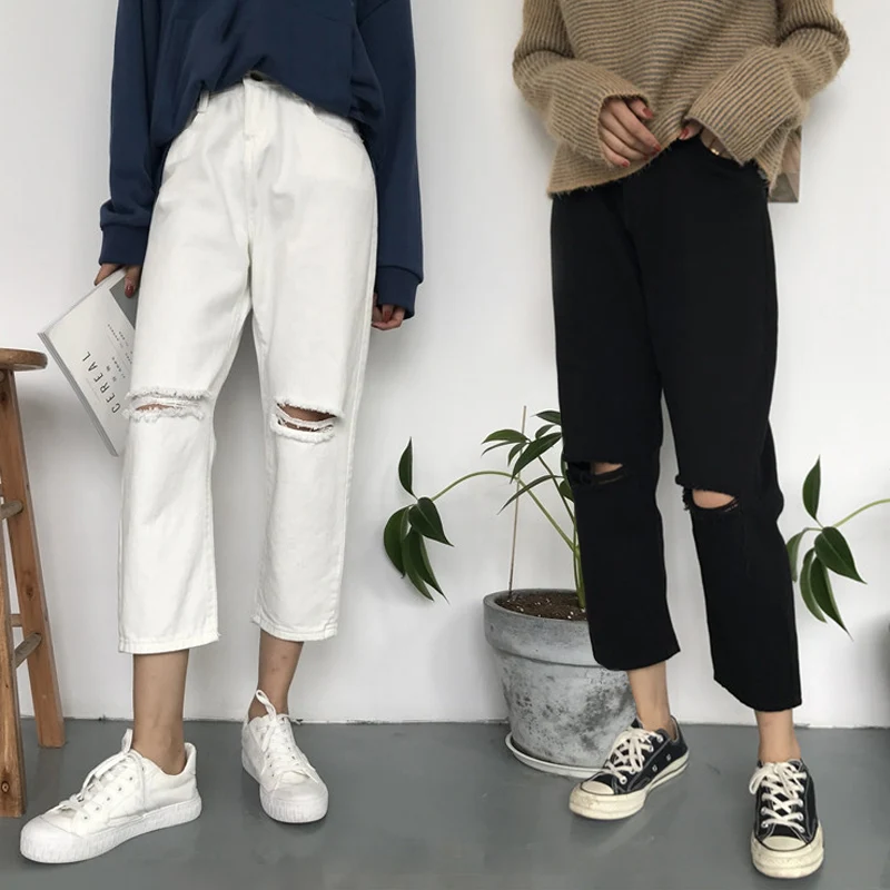 Jeans Women Ripped Hole High Waist Zipper Fly Button Straight Ankle-length Womens Trousers Basic Bottoms Black Jean Femme Chic