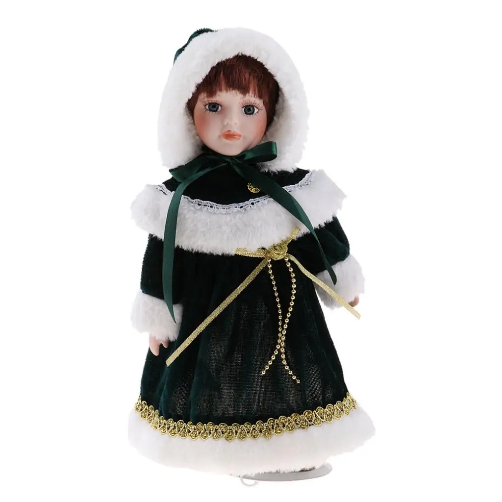 12inch Victorian Porcelain Doll with Stand People Figures in Green Plush Coat Hat Kids Gift Adult Collections