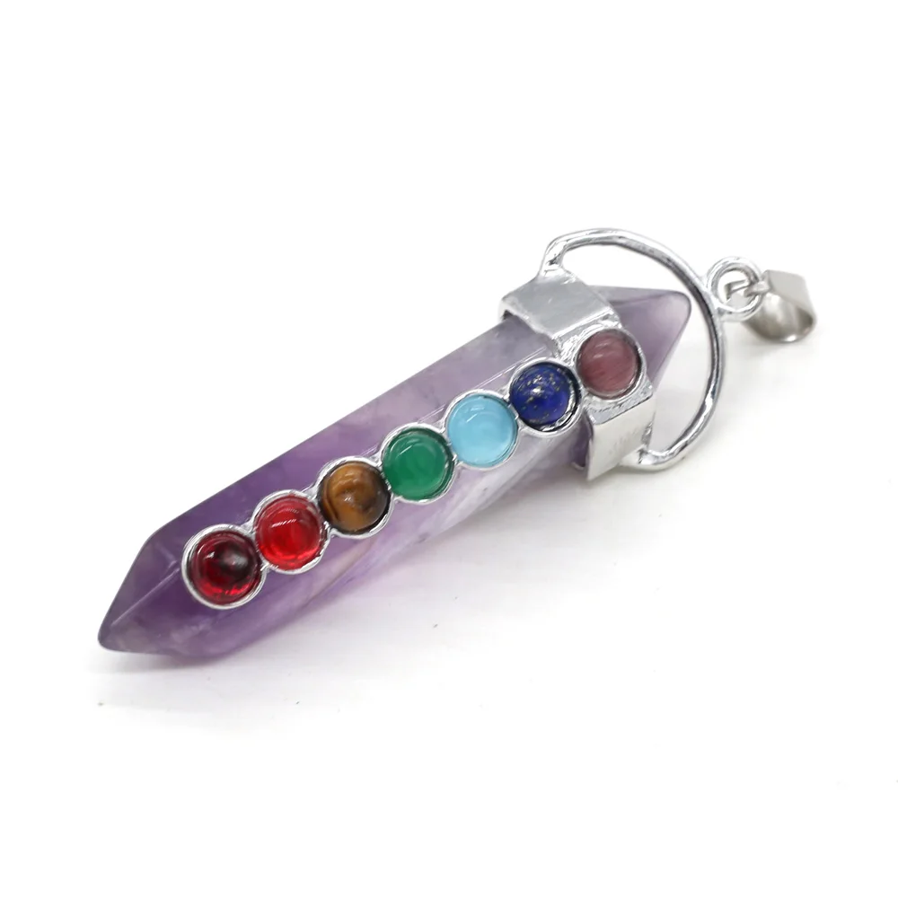 Natural Stone Pendulum 7 Chakra Reiki Healing Crystal Pendant Hexagon Point Charms DIY Necklace Jewelry Making Accessories