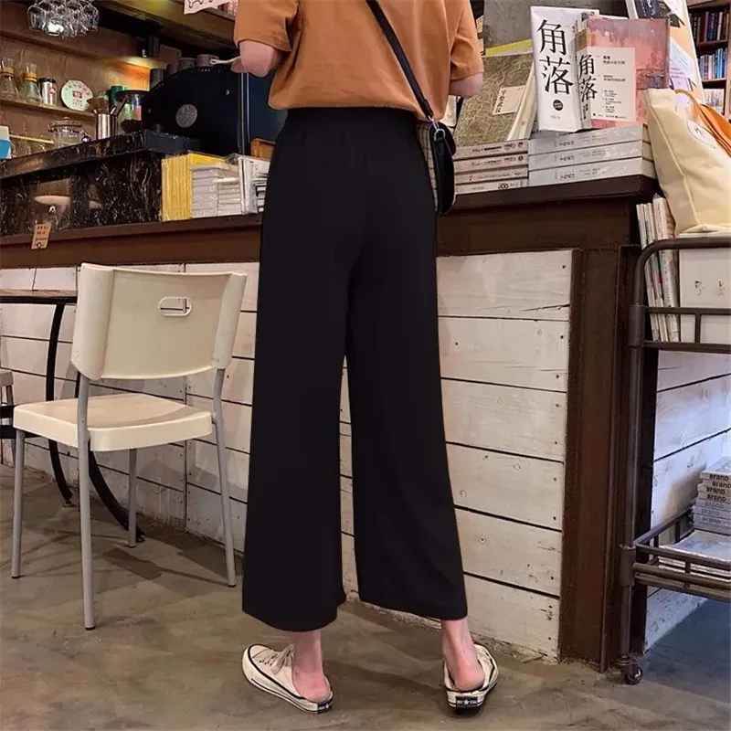 ฤดูร้อน Casual Elastic High เอวสวมใส่ผู้หญิง Harajuku Bottoms ข้อเท้าความยาวกางเกงหลวมตรงขากว้าง Baggy กางเกงชุด