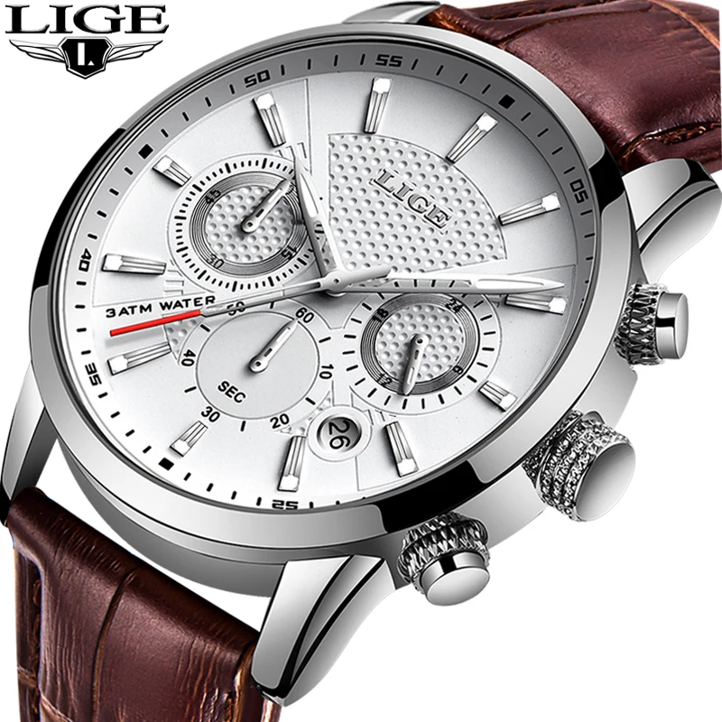 2024 New Mens Watches LIGE Top Brand Leather Chronograph Waterproof Sport Automatic Date Quartz Watch For Men Relogio Masculino