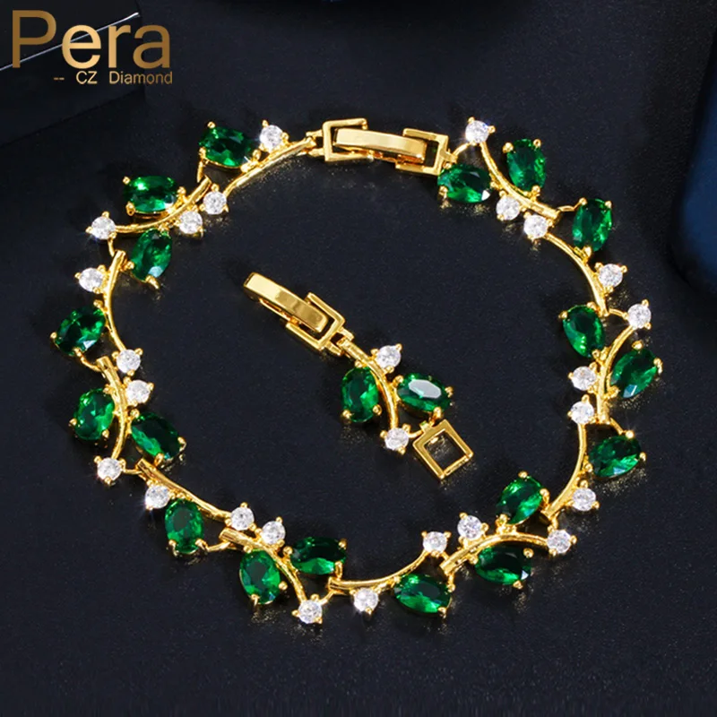 Pera Elegant Leaf Dazzling Green CZ Stone Yellow Gold Color Tennis Charm Bangle Bracelets for Women Pageant Party Jewelry B179