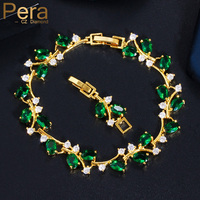 Pera Elegant Leaf Dazzling Green CZ Stone Yellow Gold Color Tennis Charm Bangle Bracelets for Women Pageant Party Jewelry B179