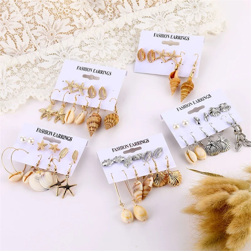 Bohemian Sea Shell Earrings Set For Women Gold Color Geometric Drop Earring Brincos Boho Summer Beach Earrings Fashion Jewelry