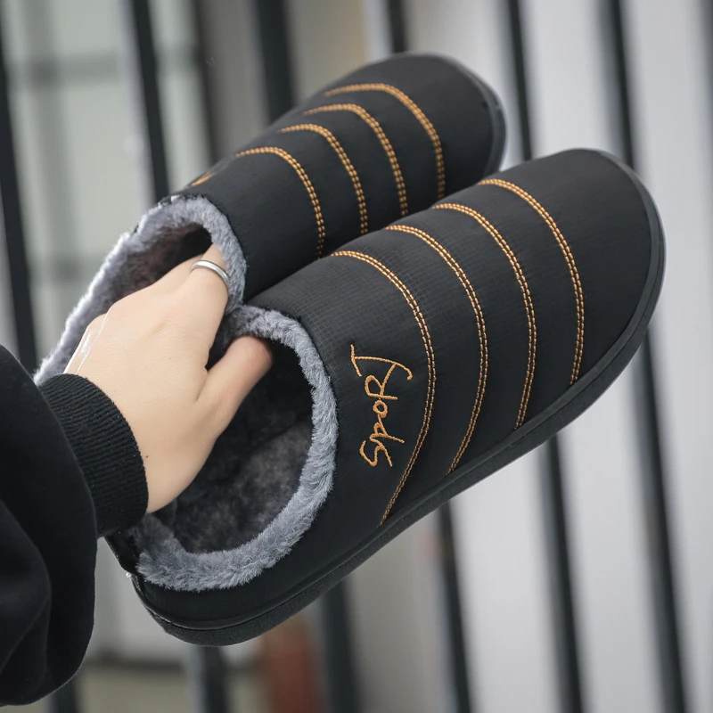 Men's Slippers for home 2020 Winter Non Slip Plush Warm Male House Shoes Stripe Unisex Indoor plus size 36-47