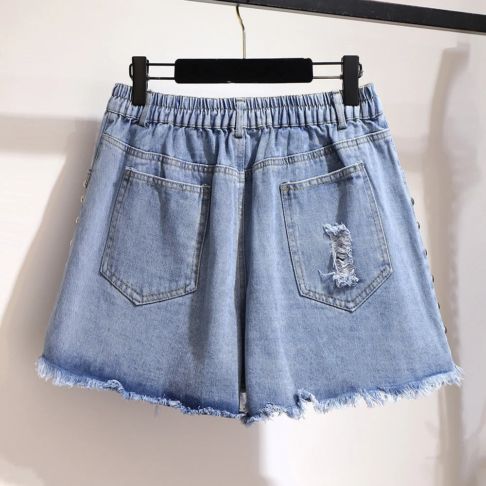 New 2021 Summer Plus Size Denim Shorts For Women Large Loose Casual Elastic Waist Rivet Blue Hole Jeans Shorts 4XL 5XL 6XL 7XL