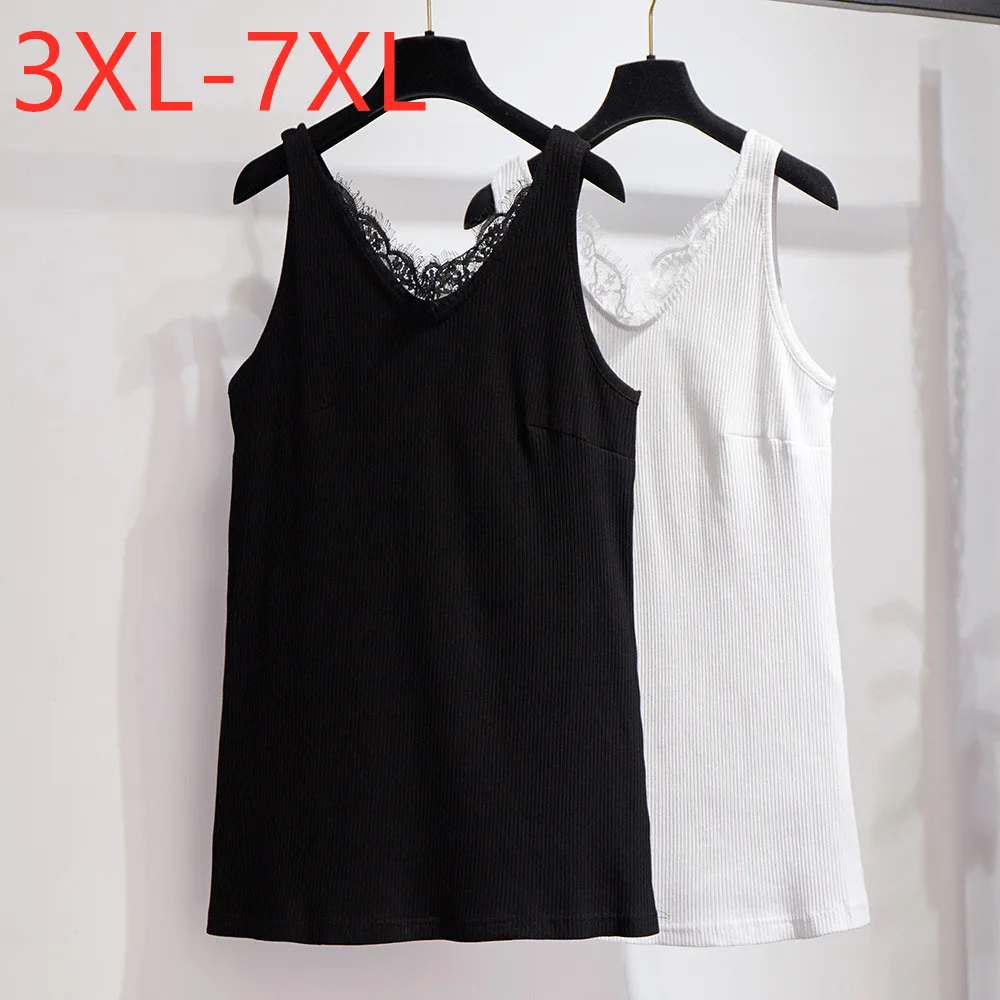 

New 2021 Summer Plus Size Women Clothing Basic Tops For Women Large Loose Sleeveless Lace Cotton V Neck Vest Black White 7XL