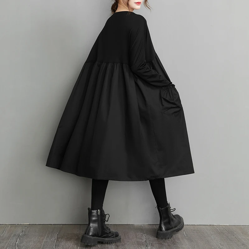 Long Sleeve Black Big Pocket Patchwork Dresses For Women Loose Casual Vintage Dress Fashion Elegant Clothing Spring Autumn 2024