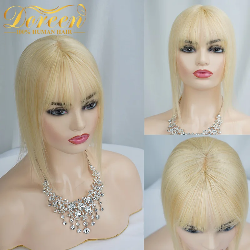 Doreen13*13cm 30cm 40cm Topper Hair with Bangs 100% Real Remy Human Hair Fashion Topper  Wig for Woman Platinum Blonde 613