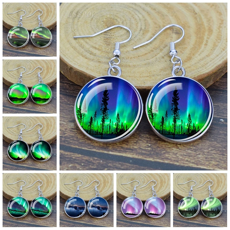 Northern Lights Art Picture Glass Cabochon Dangle Earring Alloy Drop Earrings Glass Cabochon Ear Jewelry