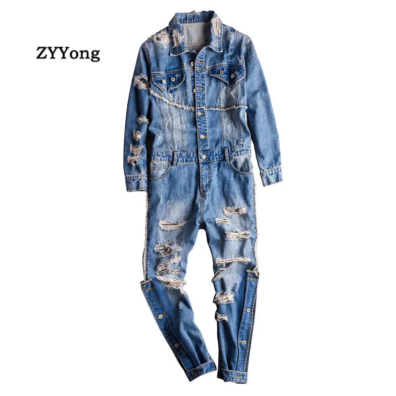 High Street Men Denim Jumpsuit Hip Hop Streetwear Hole Ripped Jeans Overalls Tattered Cargo Pants Fashion Freight Trousers